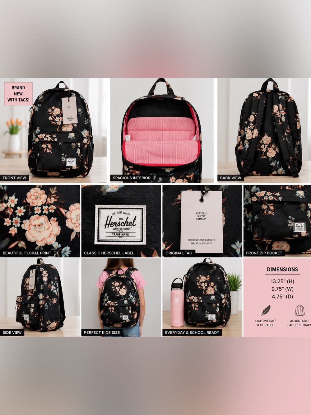 Herschel Supply Co Backpack Black Floral Pastel Petals NEW